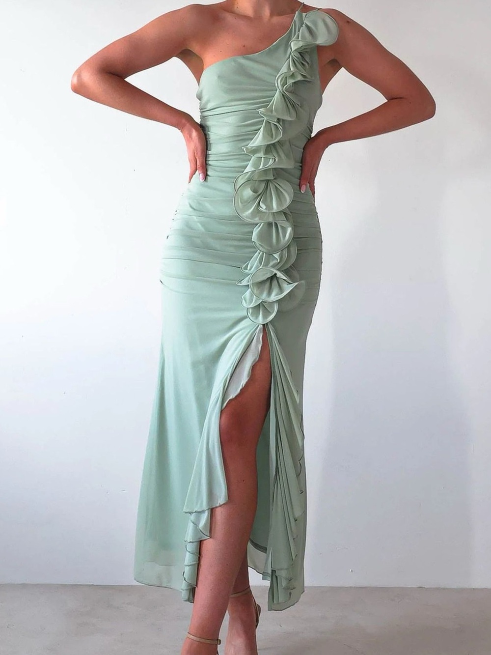 One-Shoulder Ruffle Slit Dress - Picture 4 of 12